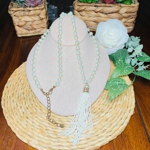 Vintage Faux Pearl Hand Knotted Seed Bead Tassel Necklace, 32”-35”
